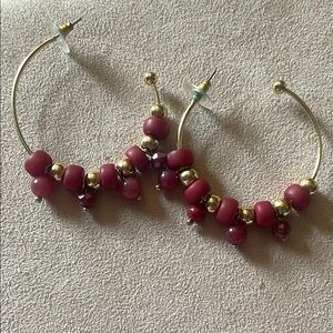 Gold and Red Beaded Hoop Earrings with Elegant Design